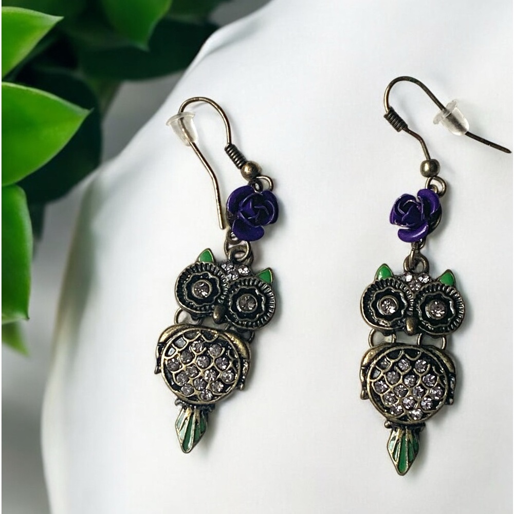 Bronze Owl Purple Rose Metal Rhinestones Dangle Earring’s Woman’s Jewelry
